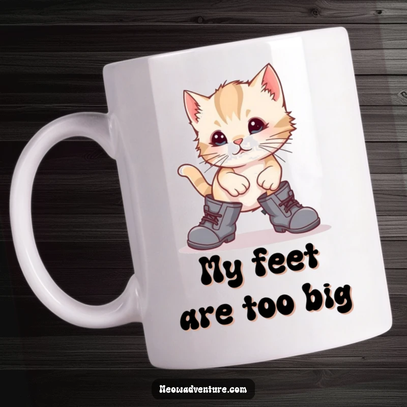 Funny kitten wearing giant boots, stumbling awkwardly, a comical mishap captured on a delightful mug for cat lovers.