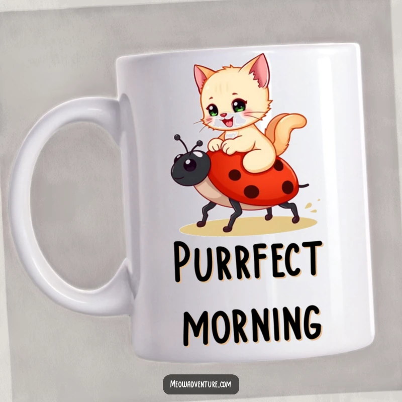 Funny kitten mug featuring a happy cat riding a ladybug like a steed, embarking on a charming, whimsical adventure.