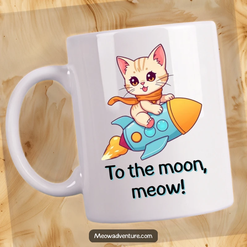 Funny Kitten Rocket Mug: A brave kitten zooms through space on a toy rocket, embodying courage and playful exploration.