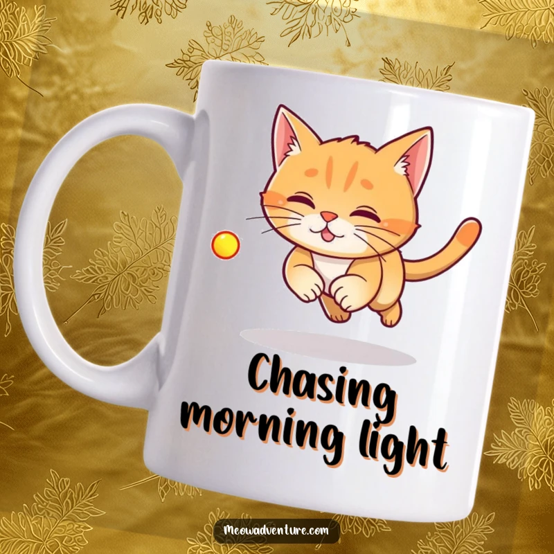 Funny Laser Cat Mug featuring a ginger cat in mid-chase, eyes locked on a red laser dot, embodying playful energy.