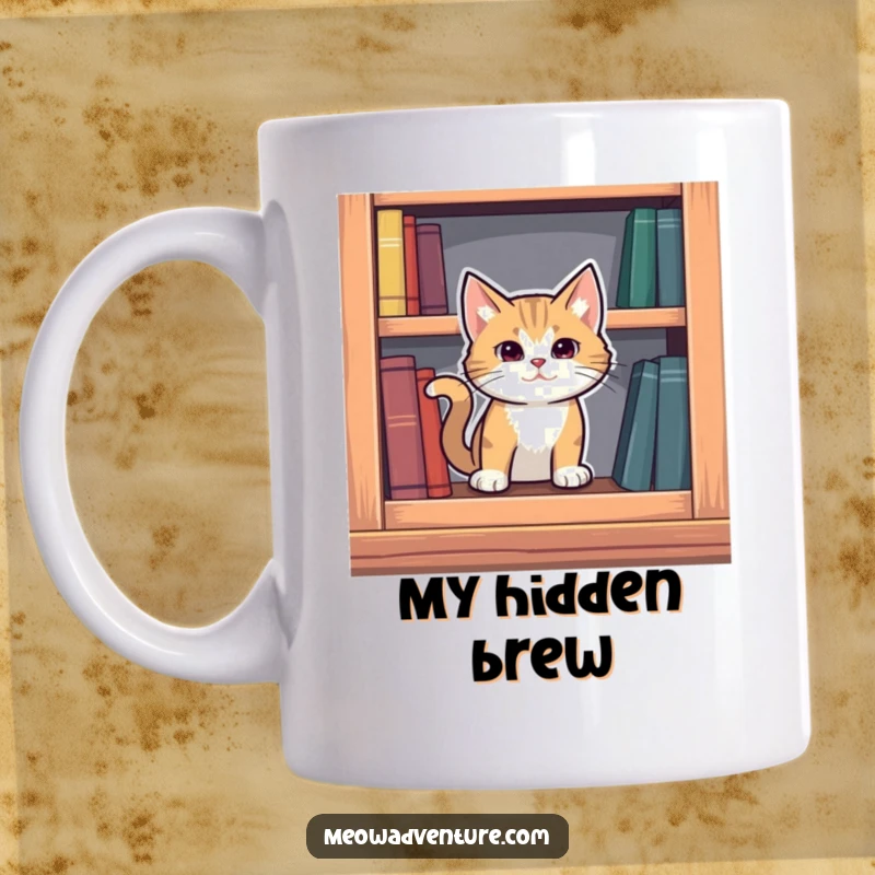 Funny mysterious cat peeking out from a secret compartment hidden within a bookshelf, on a humorous mug.