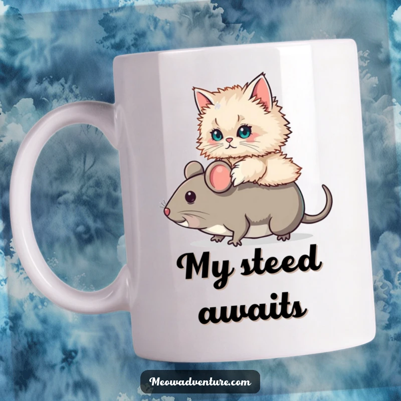 Funny Persian Cat Mouse Ride Mug showing a fluffy Persian cat triumphantly riding a comically large toy mouse. A humorous gift.