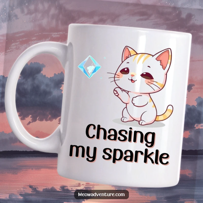 Funny Cat Mug: A playful cat enthusiastically bats at a large, sparkling gem floating in the air, full of energetic delight.