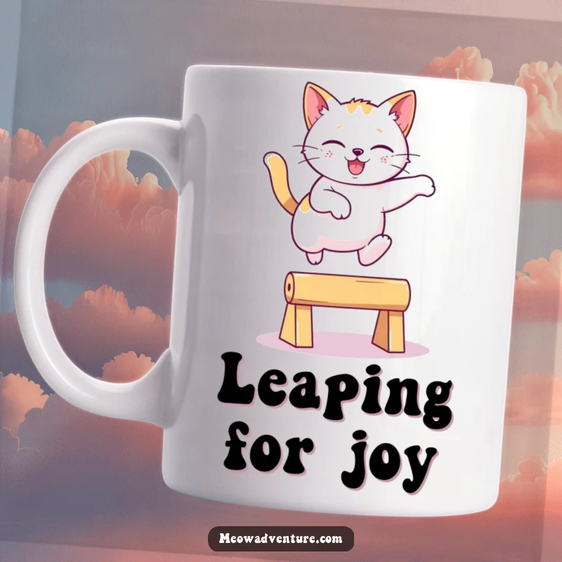 Funny playful cat mid-leap, gracefully jumping over an imaginary obstacle on a mug, a humorous and funny gift.