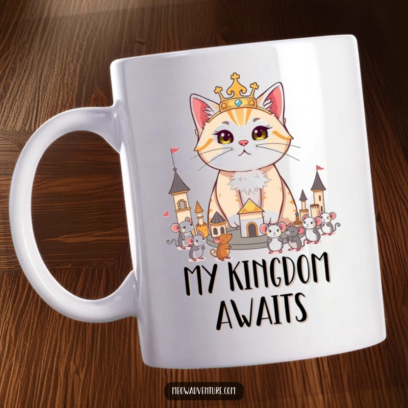 Funny mug depicting a regal cat surveying its miniature kingdom of toy mice, showcasing feline royalty and humor.