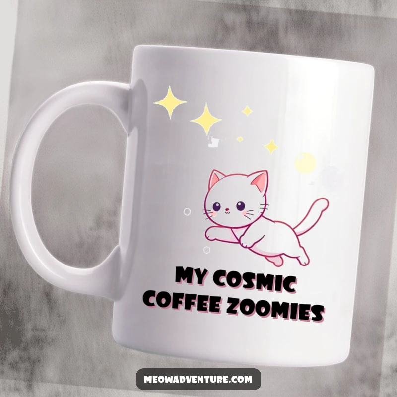 Funny ceramic mug with a playful kitten mid-leap in a starry night sky, joyfully chasing a glowing moonbeam.