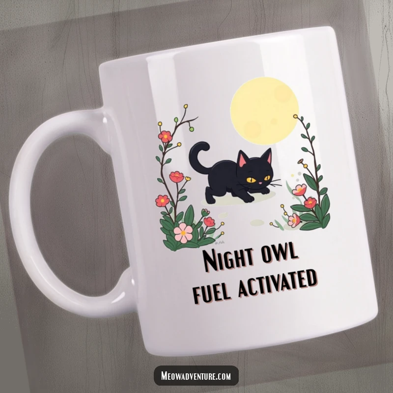 Funny Stealthy Black Cat Garden Mug showing a sleek black cat creeping through a garden under the moonlight. A mysterious and humorous gift.