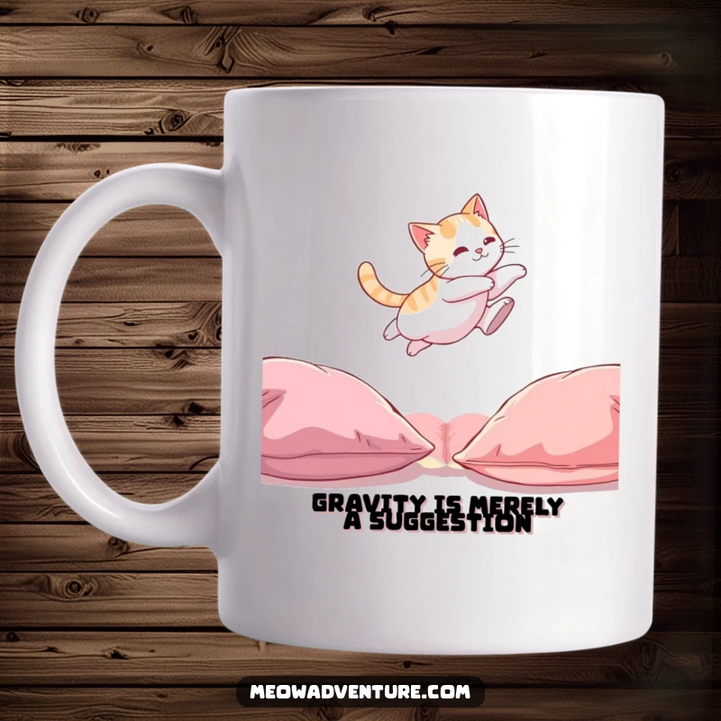 Funny Cat Mug: A gray cat mid-air, leaping gracefully between two couch cushions with intense focus.