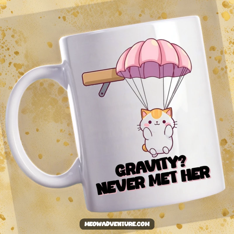 Funny cat mug: fluffy cat with a parachute gently descending from a high shelf, looking calm and cute.