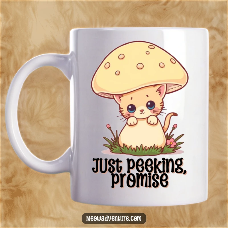 Funny mug featuring a curious kitten peeking playfully from behind a giant, whimsical mushroom, embodying a sense of wonder and mischief.