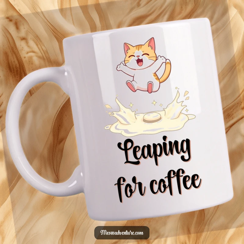 Funny cat mug showing a determined feline leaping over a shimmering river of spilled milk, symbolizing perseverance.