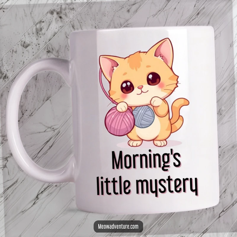 Funny mug featuring a curious cat with wide eyes batting at a dangling yarn ball, playful and engaged, great funny gift.
