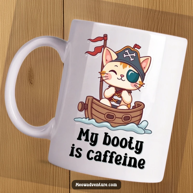 Funny pirate cat sailing a small ship, looking adventurous on a mug, perfect for nautical lovers and cat enthusiasts.