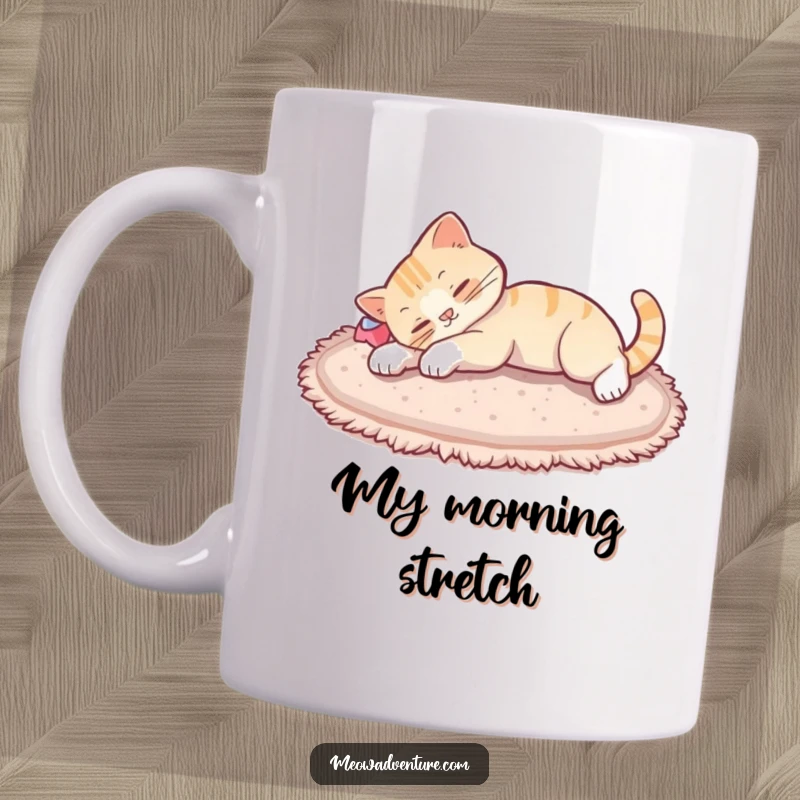 Funny cat stretching mug, a relaxed feline arching its back contentedly after a deep nap on a soft rug, embodying pure comfort.