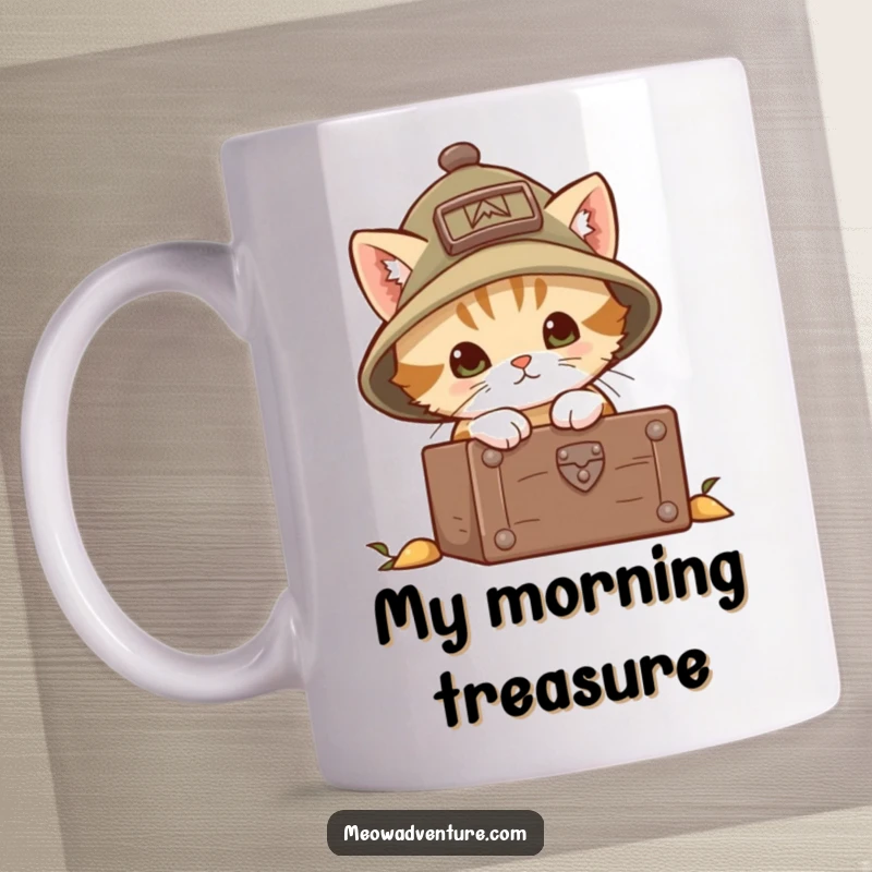 Funny explorer kitten mug featuring a brave kitten in a tiny hat, curiously peering into an open treasure chest. A delightful quest.