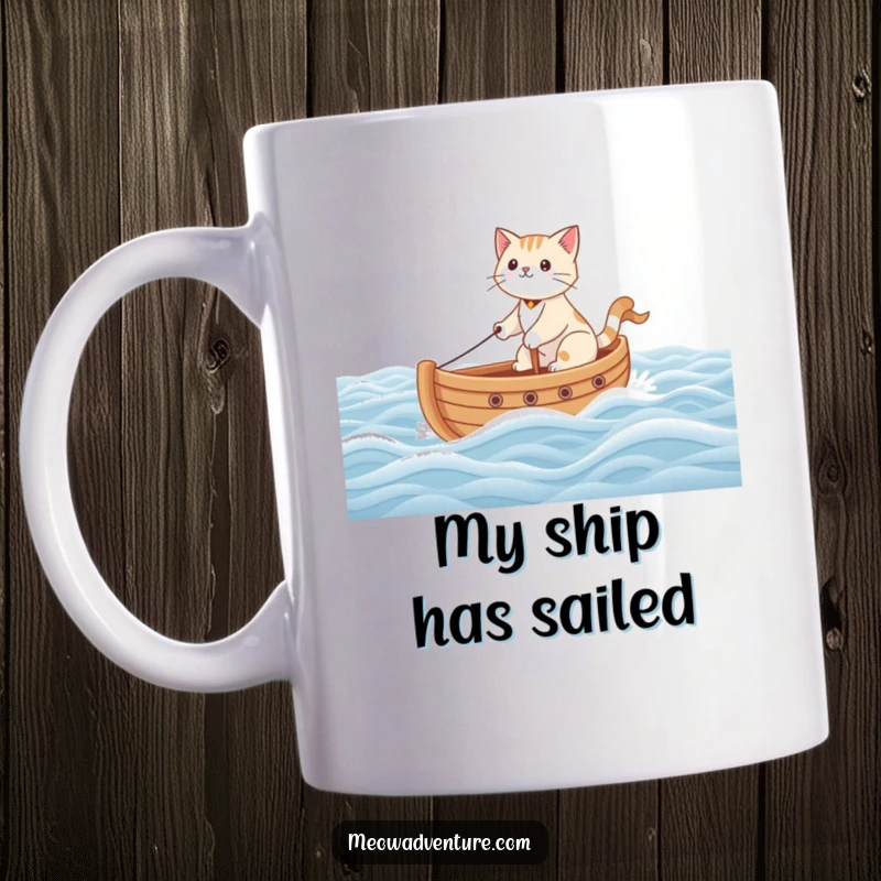 Funny mug with a brave cat at the helm of a toy boat sailing across a vast carpet ocean, looking determined.
