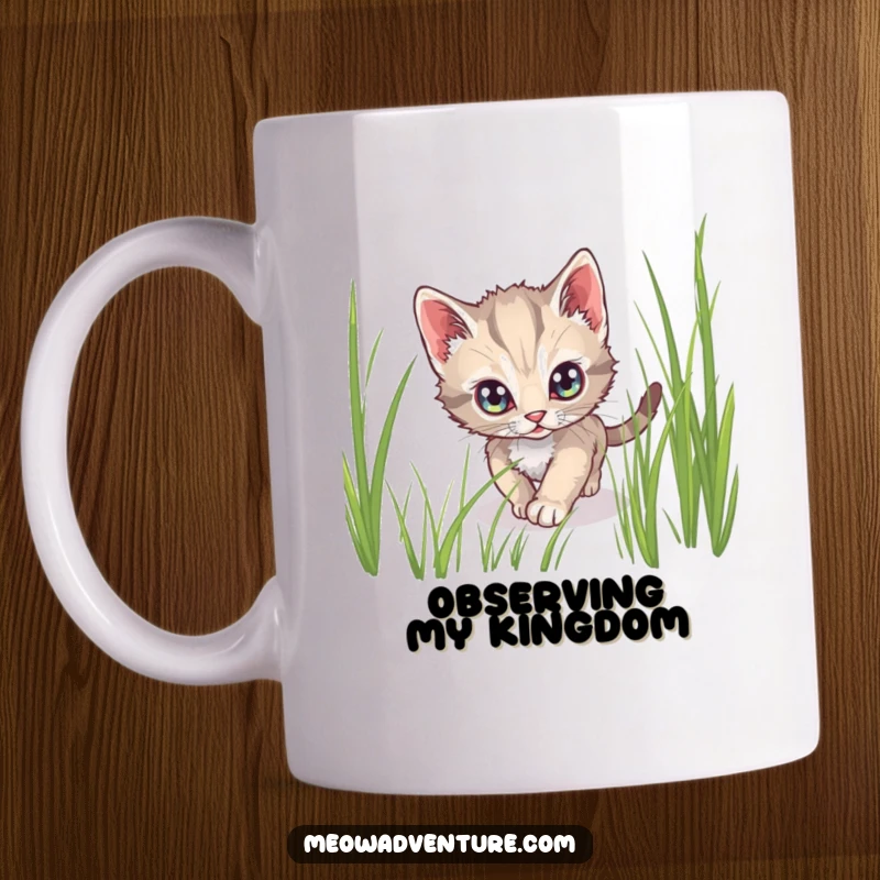 Funny mug showing a stealthy kitten with wide, alert eyes tiptoeing through tall grass, looking mischievous.