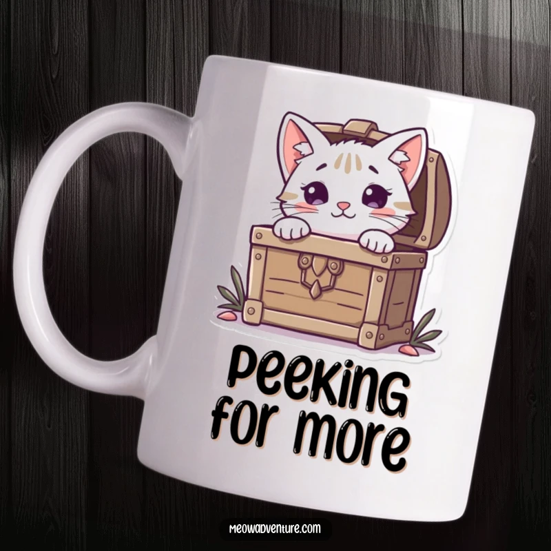 Funny Cat Mug: A curious cat’s eyes peek slyly from behind a pirate treasure chest overflowing with gold, full of playful intrigue.