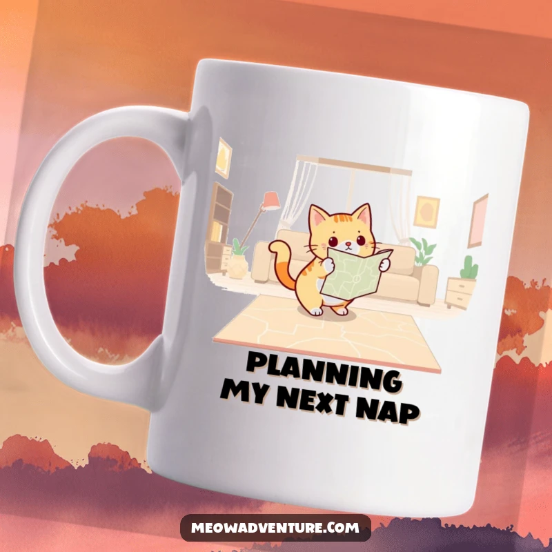 Funny mug showing a determined cat with a map, plotting a course across a living room floor, looking focused.
