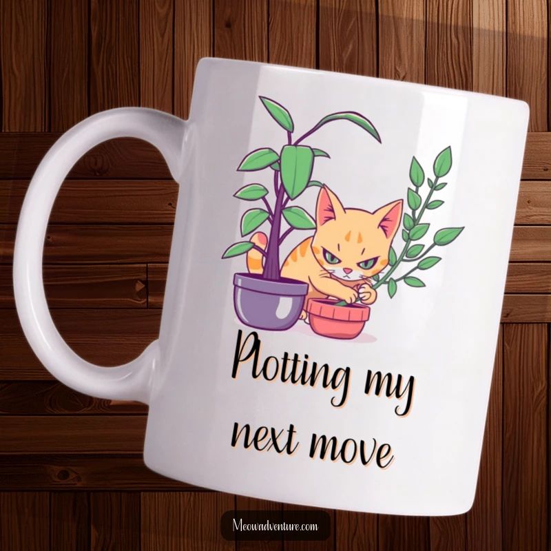 Funny mug showing a stealthy cat with intense focus, peeking from behind a lush green houseplant, ready to pounce.