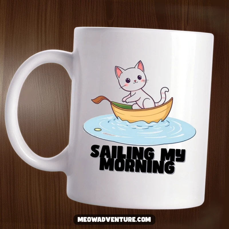 Funny mug depicting an adventurous cat bravely sailing on a leaf boat across a vast puddle, embodying courage and fun.