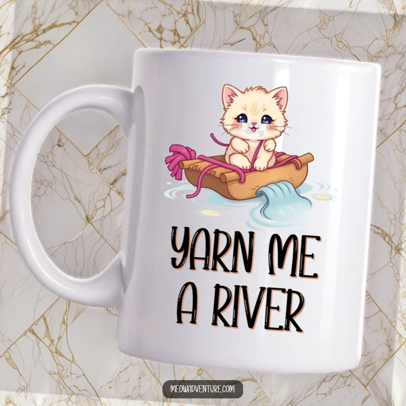 Funny fluffy kitten floating on a makeshift raft made of yarn, navigating a stream, on a coffee mug.