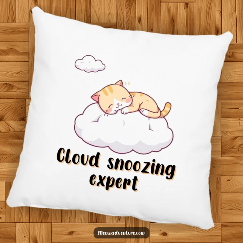 Funny pillow with a content sleepy cat dozing on a fluffy cloud, offering comfort and whimsical charm.