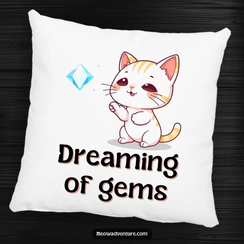 Funny Cat Pillow: A playful cat bats at a sparkling gem, offering plush comfort and a whimsical, humorous design for any room.
