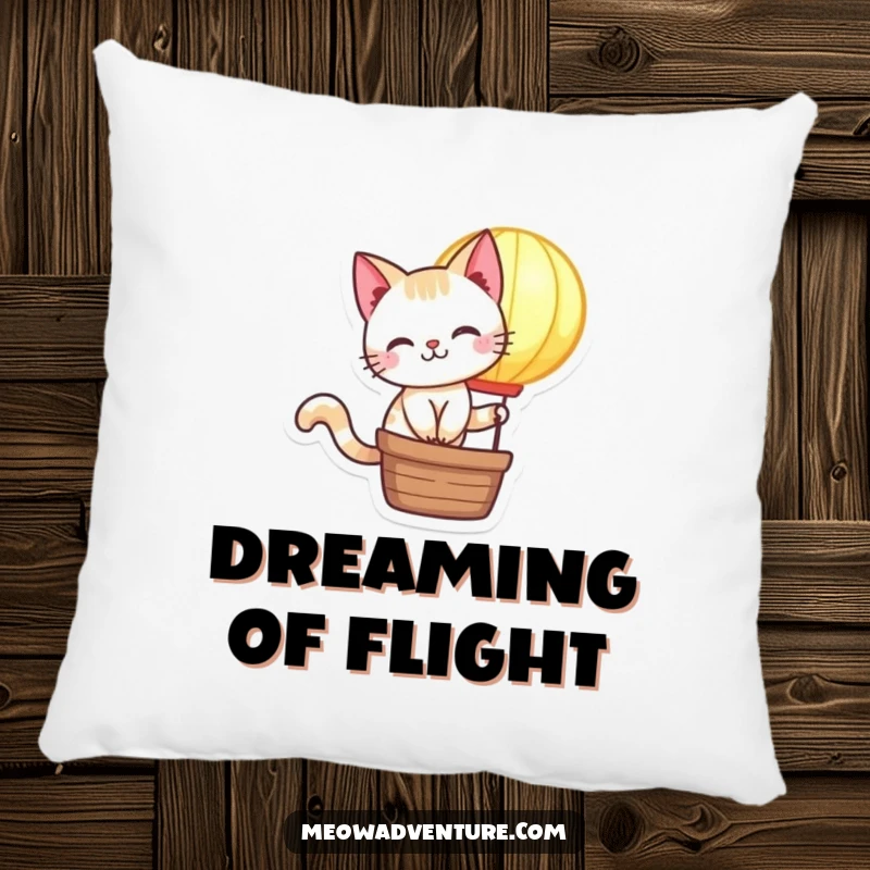 Funny Cat Pillow: A mischievous cat rides a glowing hot air balloon, offering plush comfort and a whimsical, humorous design.