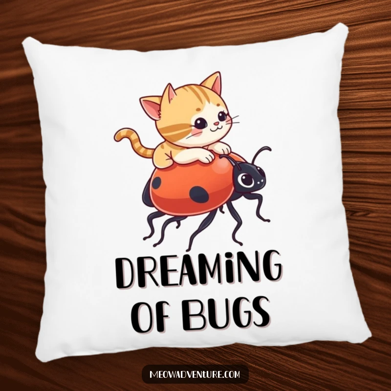 Funny pillow showcasing a mischievous cat taking a ride on a gigantic ladybug, offering comfort and humor.