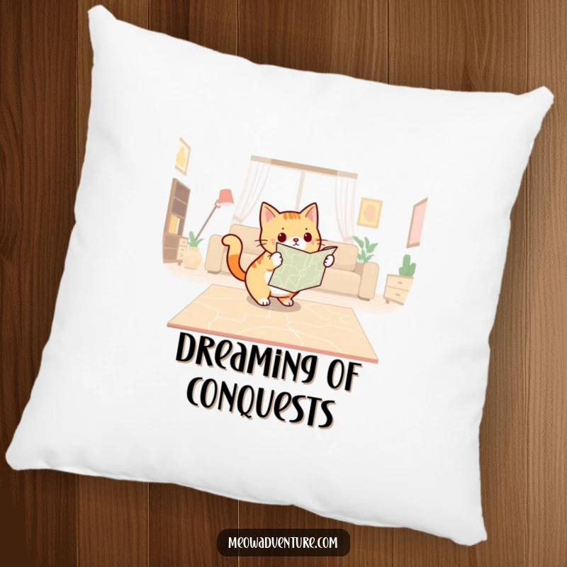 Funny pillow featuring a determined cat with a map, plotting a course across a living room floor, for cozy planning.
