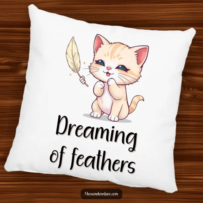 Funny pillow showcasing a mischievous kitten batting at a floating feather, offering comfort and a delightful dose of playful humor.