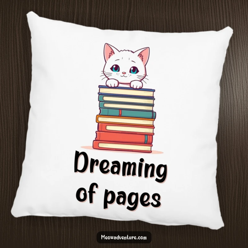 Funny Cat Books Pillow featuring a curious white cat peeking over books, offering comfort and a touch of literary feline humor.