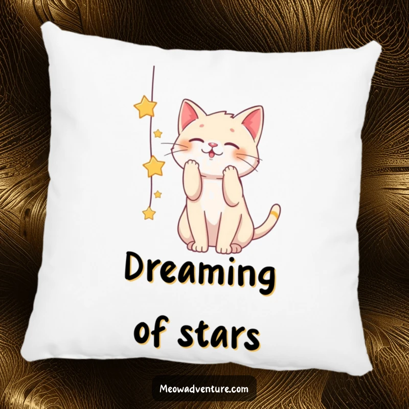 Funny pillow depicting a playful cat reaching for a dangling string of stars, perfect for adding cozy cosmic wonder.