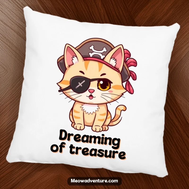 Funny mischievous cat pirate with an eye patch and hat, looking adventurous, on a soft pillow.