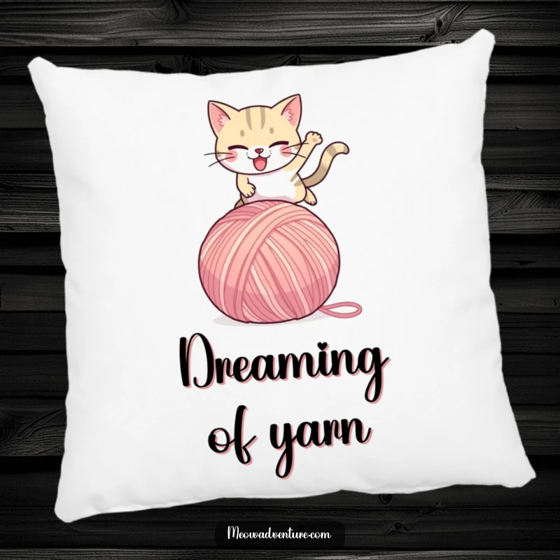 Funny Cat Pillow: A determined cat leaps over a giant yarn ball, offering plush comfort and a humorous design for couch or bed.
