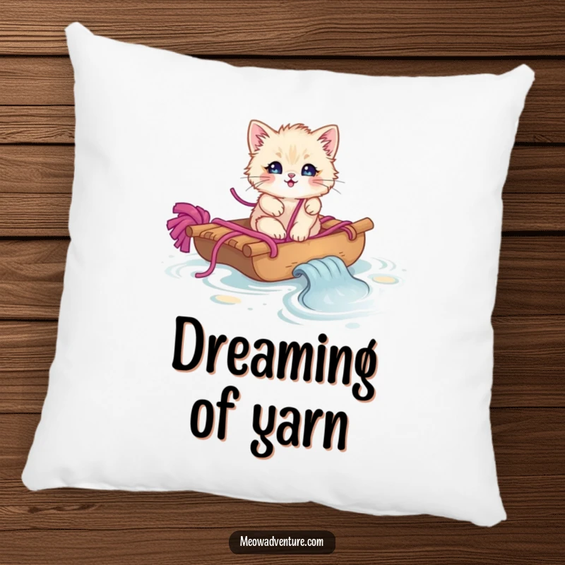 Funny fluffy kitten on a yarn raft sailing through yarn, printed on a soft and inviting pillow.