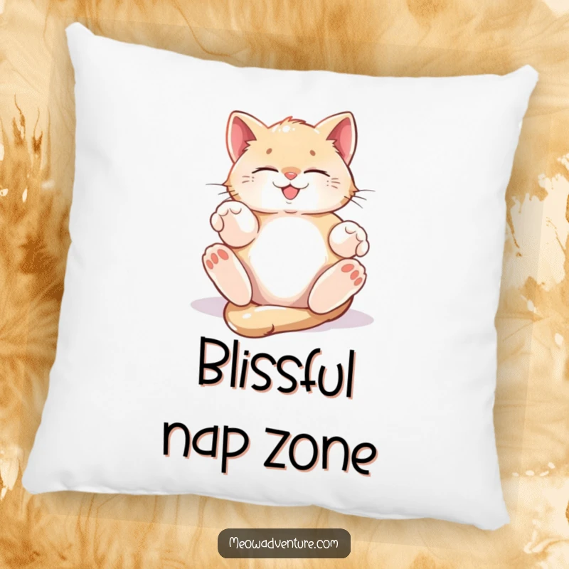 Funny Pillow showing a kitten blissfully rolling in a warm sunbeam, its pose exuding absolute peace and happiness.