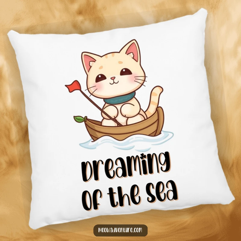 Funny cat enjoying a voyage on a miniature leaf boat, cozy and amusing accent for a funny pillow.