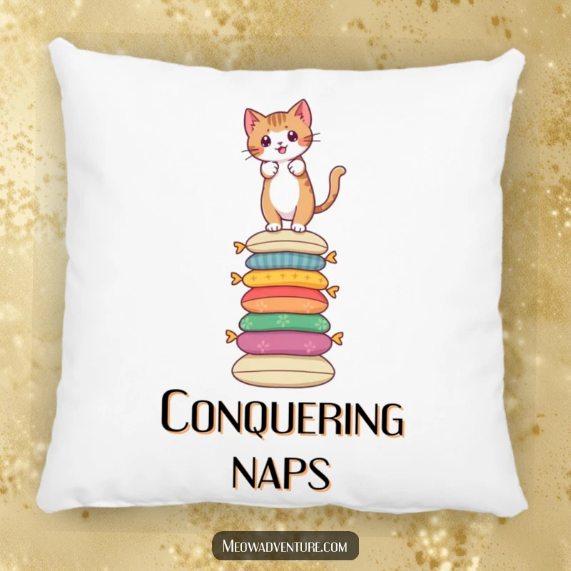 Funny pillow with a brave cat scaling a tall stack of colorful cushions, a symbol of courage.
