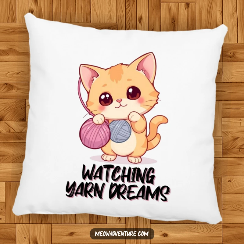 Funny pillow showing a curious cat with wide eyes batting at a yarn ball, soft and comfortable, great funny gift.
