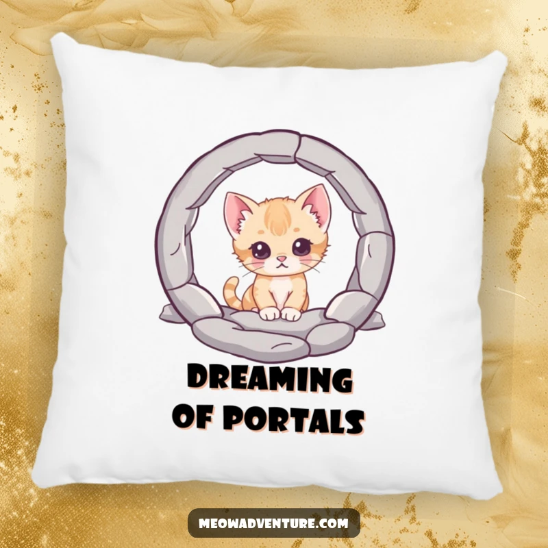 Funny pillow, a curious kitten character peering into a mysterious portal, providing cozy comfort and symbolizing playful curiosity and the allure of the unknown.