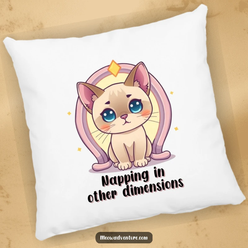 Funny Curious Siamese Cat Portal Pillow with a Siamese cat peering into a magical glowing portal. A soft, humorous, and enchanting cushion.