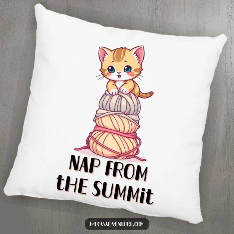 Funny Determined Kitten Yarn Pillow showing a cute kitten climbing a large pile of yarn. A soft, humorous, and inspiring cushion.