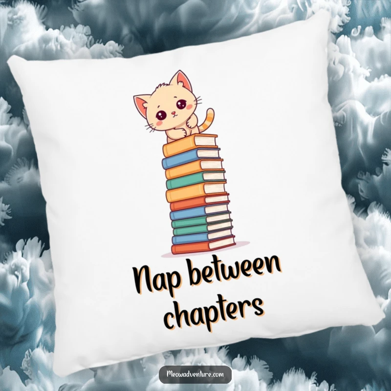 Funny kitten climbing a stack of books, on a soft pillow, ideal for adding humor to seating.