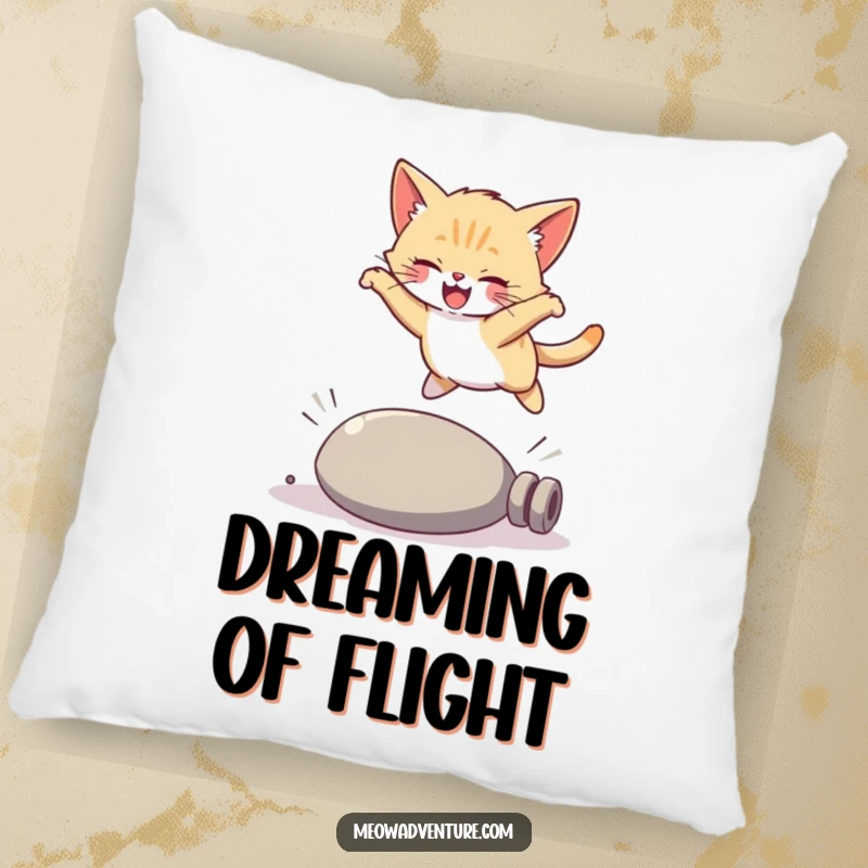 Funny kitten pillow, a joyful cat captured in a hilarious, graceful leap over a small obstacle, soft and cuddly.