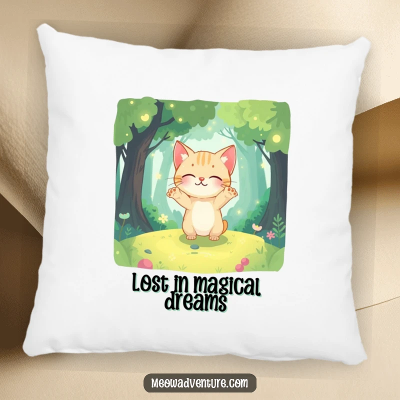 Funny decorative pillow featuring a curious cat with paws outstretched, exploring a magical, glowing forest.