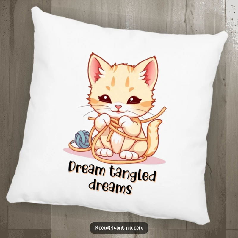 Funny Pillow featuring a smirking kitten delightfully tangled in a colorful ball of yarn, perfect for a playful accent.