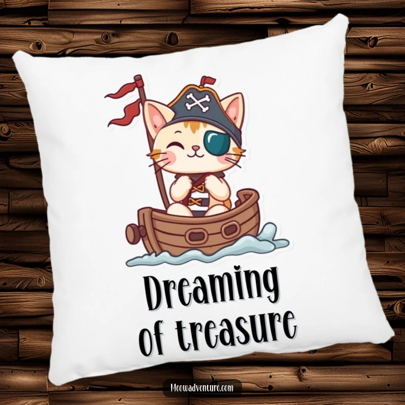 Funny cat pirate sailing a tiny ship, featured on a soft pillow, perfect for adding humor to furniture.