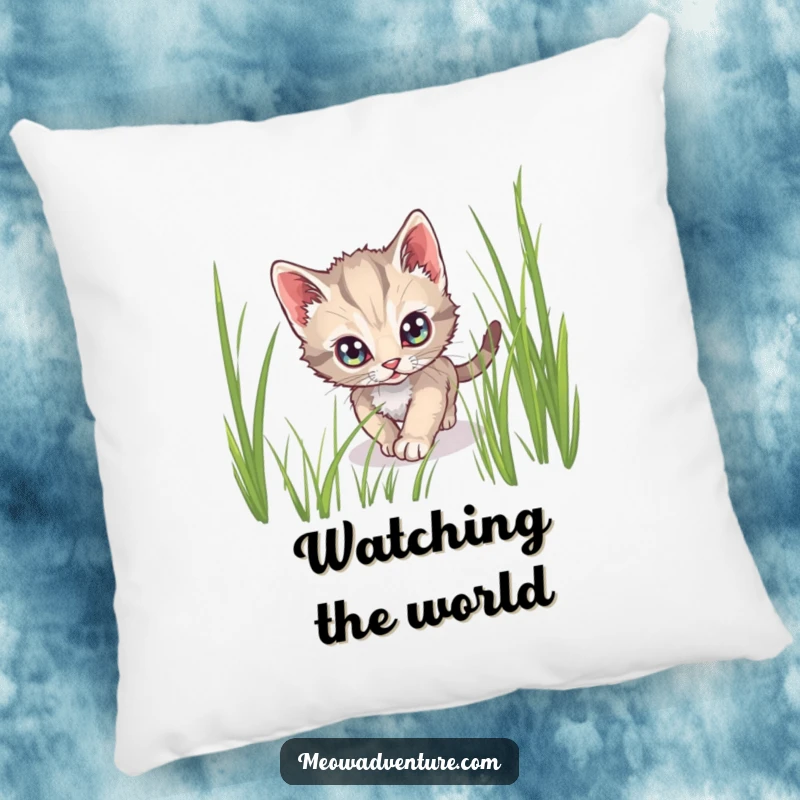 Funny pillow featuring a stealthy kitten with wide, alert eyes tiptoeing through tall grass, for cozy mystery.